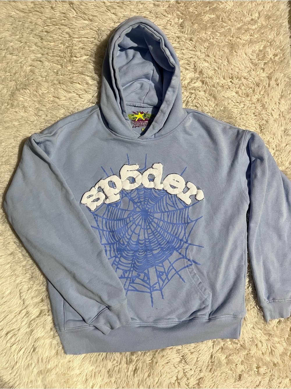 Light Blue sp5der Size Small Spiderweb Graphic Pullover Hoodie